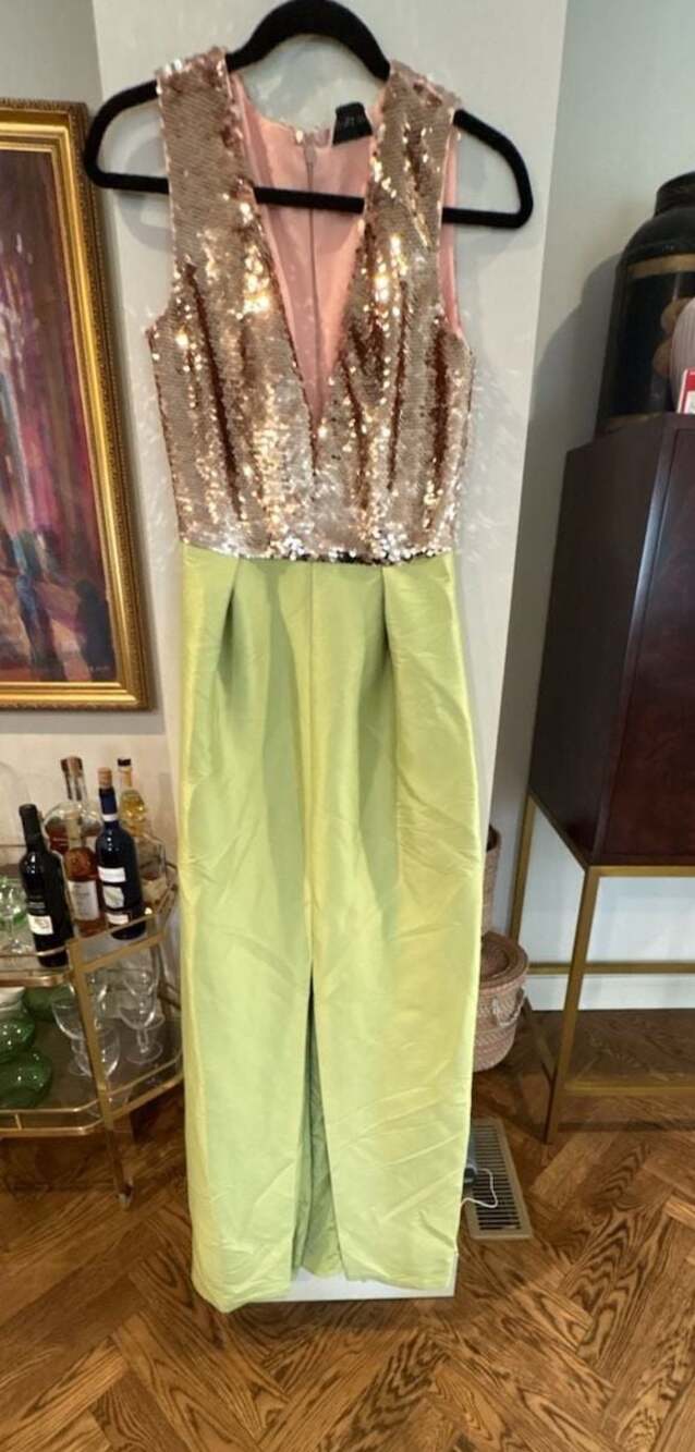 Sachin & Babi Sequined dress gown Green w/ gold sequin SAMPLE guessing Sz 0/2